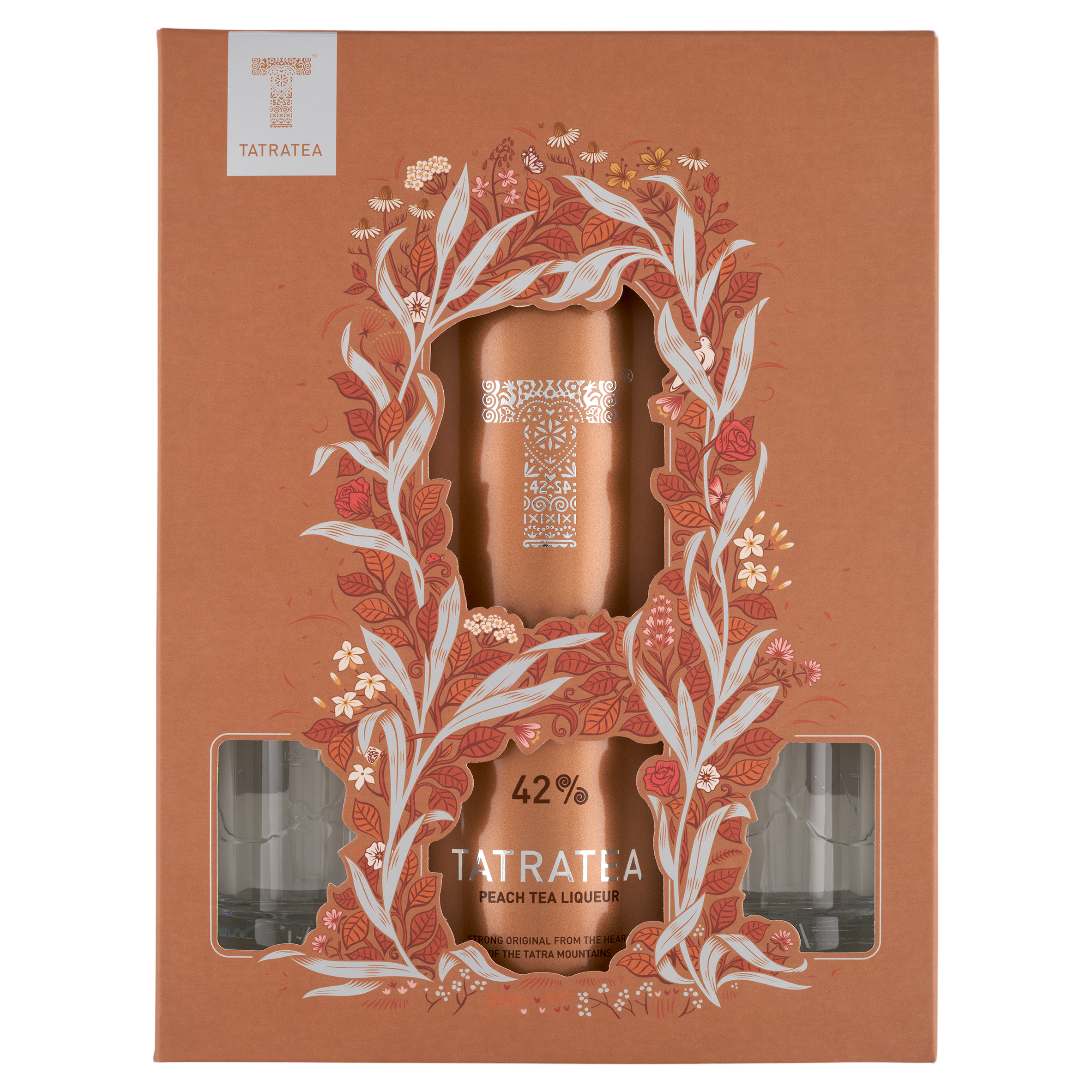 TATRATEA 42% Őszibarackos Tea Likőr+2 pohár Díszdobozban (0.7l)